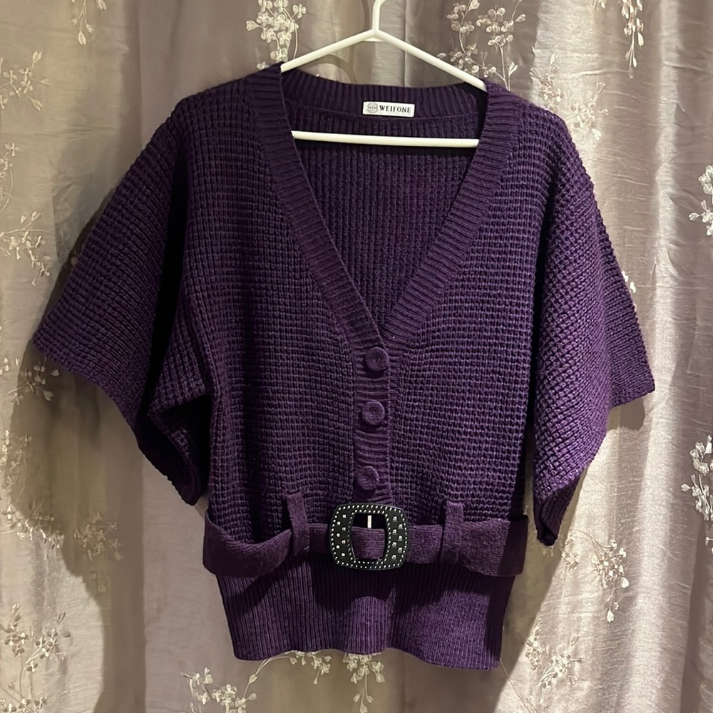Purple sweater for sale. Size medium. Built-in belt.